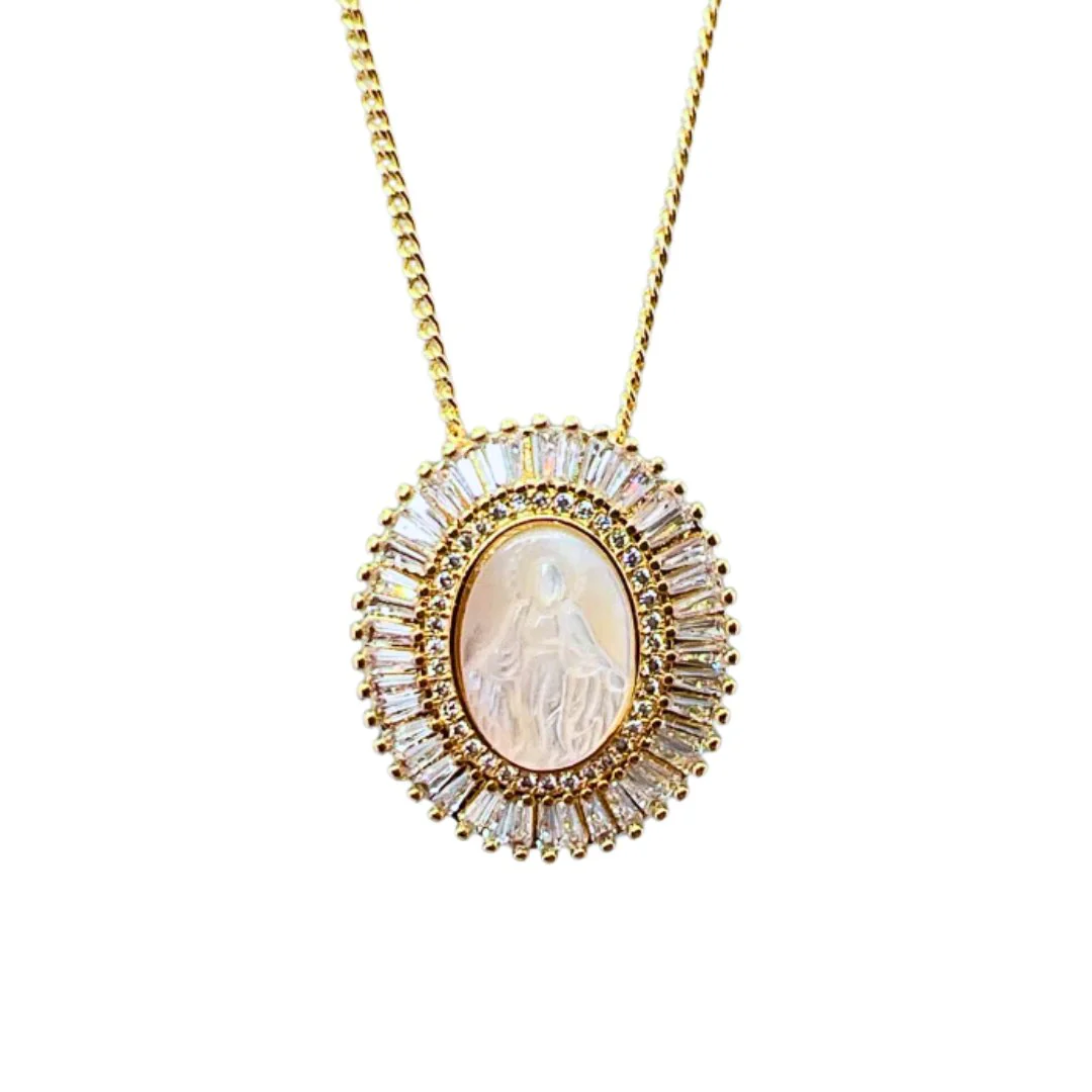 Gold-Plated Our Lady of Grace Mother of Pearl Crystal Necklace 20-inch