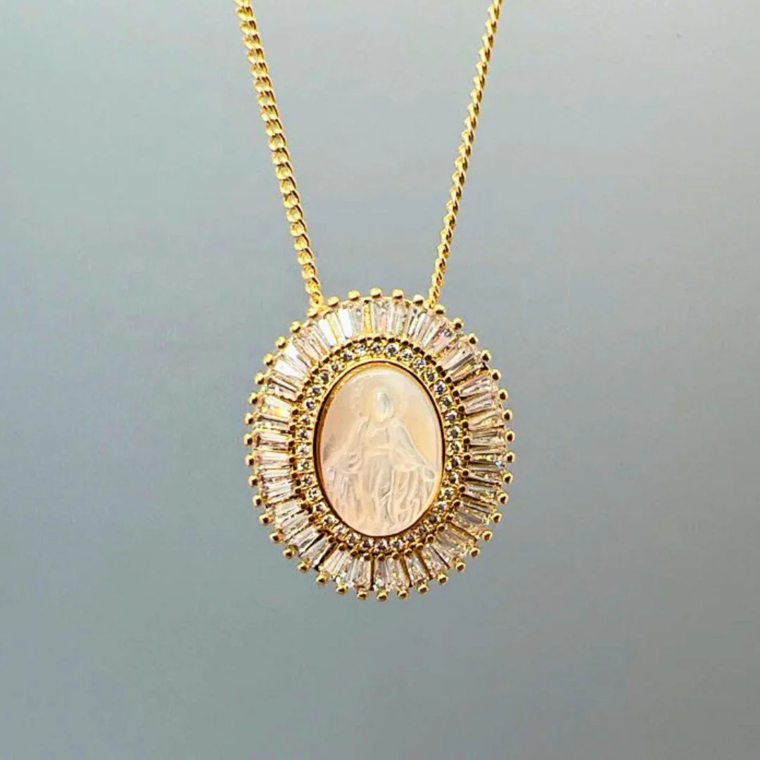 Gold-Plated Our Lady of Grace Mother of Pearl Crystal Necklace 20-inch - Image 2
