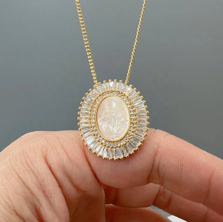 Gold-Plated Our Lady of Grace Mother of Pearl Crystal Necklace 20-inch - Image 3