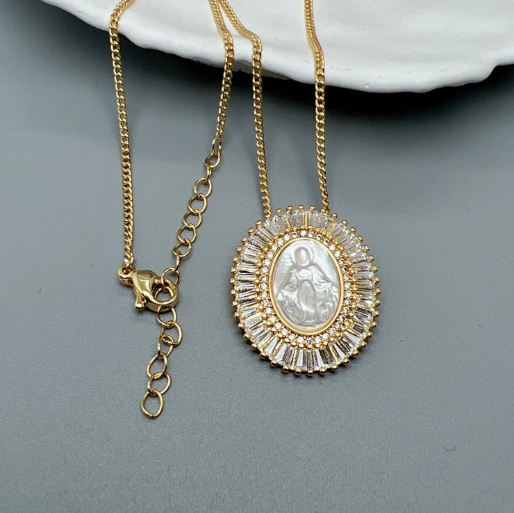 Gold-Plated Our Lady of Grace Mother of Pearl Crystal Necklace 20-inch - Image 4