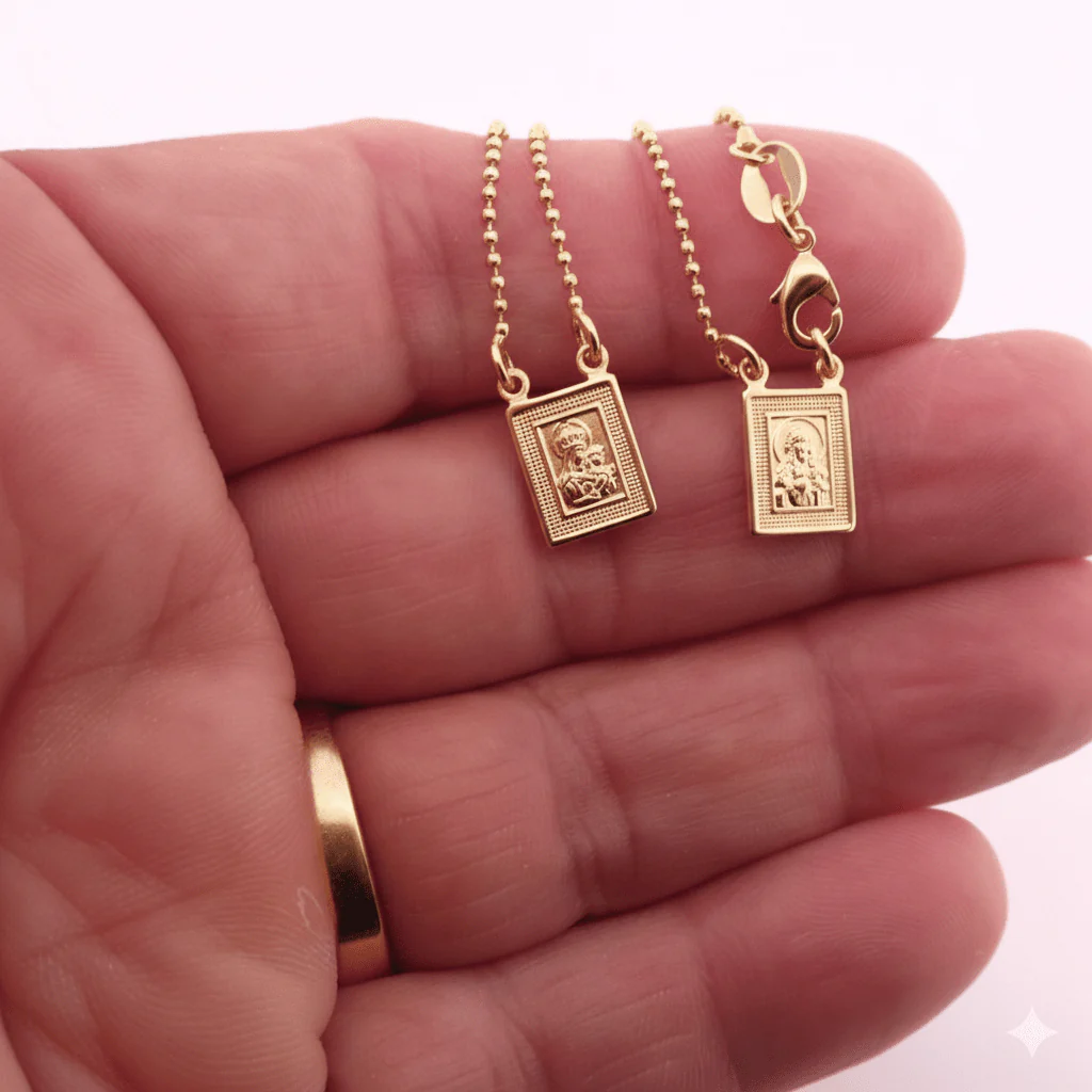 Gold-Plated Scapular Necklace for Kids — Sacred Heart & Our Lady of Mount Carmel (16") - Image 4