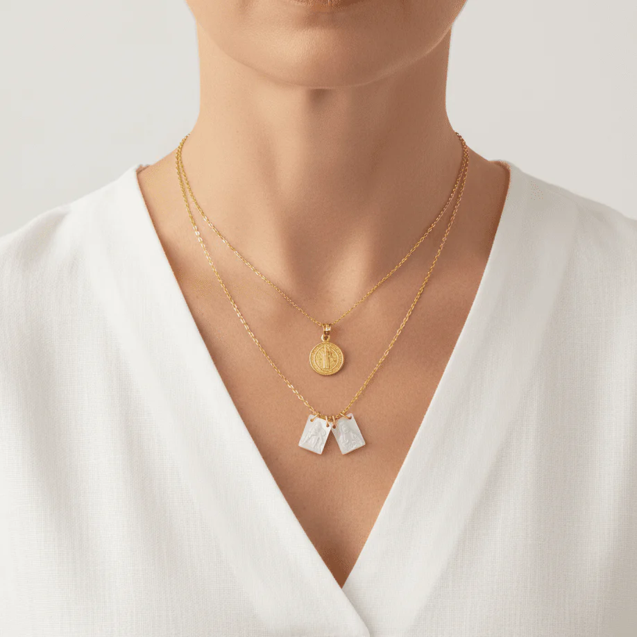 Gold-Plated Scapular Necklace with St. Benedict Medal – Layered 16” + 18” - Image 2