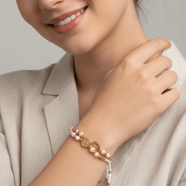 Gold-Plated St Benedict Fresh Water Pearls Bracelet 7.5” - Image 3