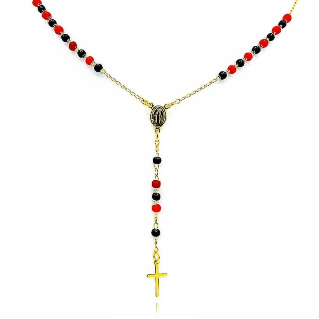 Gold-Plated Tiny Black & Red Beads Our Lady of Grace Necklace 16-inch