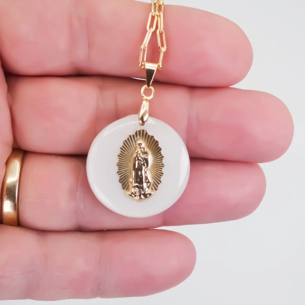 Gold-Plated White Guadalupe Necklace 18-inch - Image 2