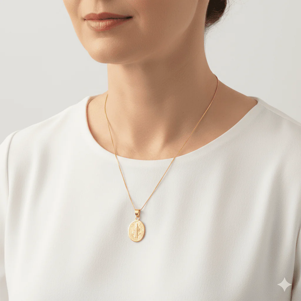 Gold Saint Benedict Medal Oval Necklace 18-inch - Image 2