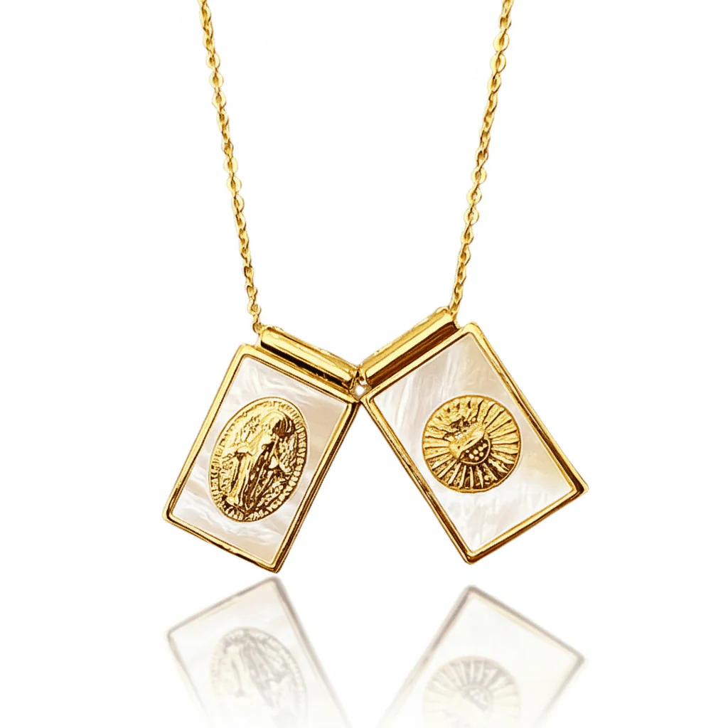 Gold-Plated Mother of Pearl Scapular Necklace 18-inch