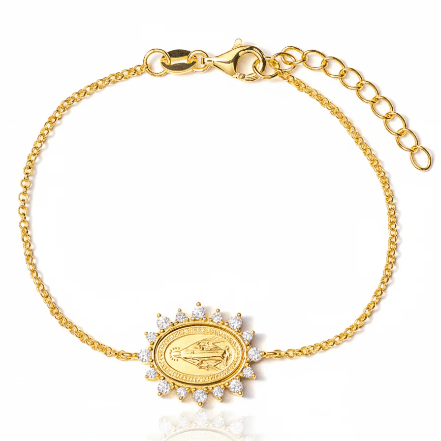 Gold Vermeil Miraculous Medal Bracelet with CZ Accents 7"