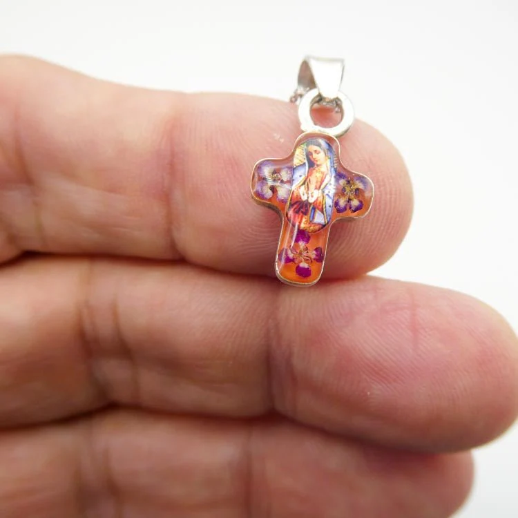 Guadalupe Mini Cross Necklace w/ Pressed Flowers 18-inch - Image 3