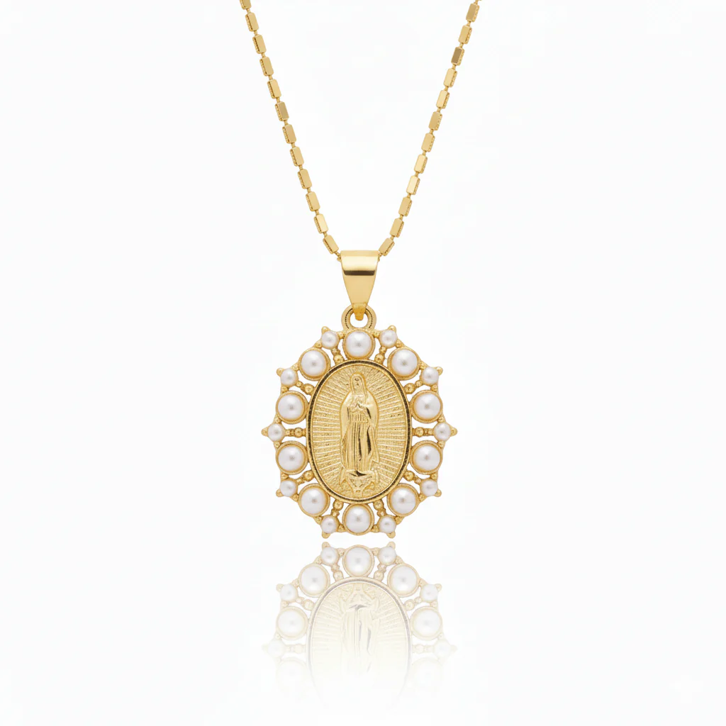Gold-Plated Our Lady of Guadalupe Pearl Encircled Necklace — 18”