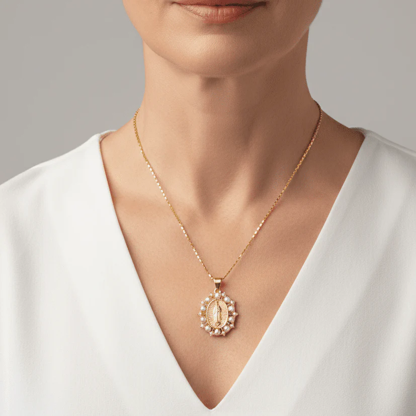 Gold-Plated Our Lady of Guadalupe Pearl Encircled Necklace — 18” - Image 2