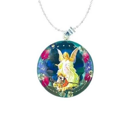 Guardian Angel Extra Large Round Medal w/ Pressed Flowers 20-inch
