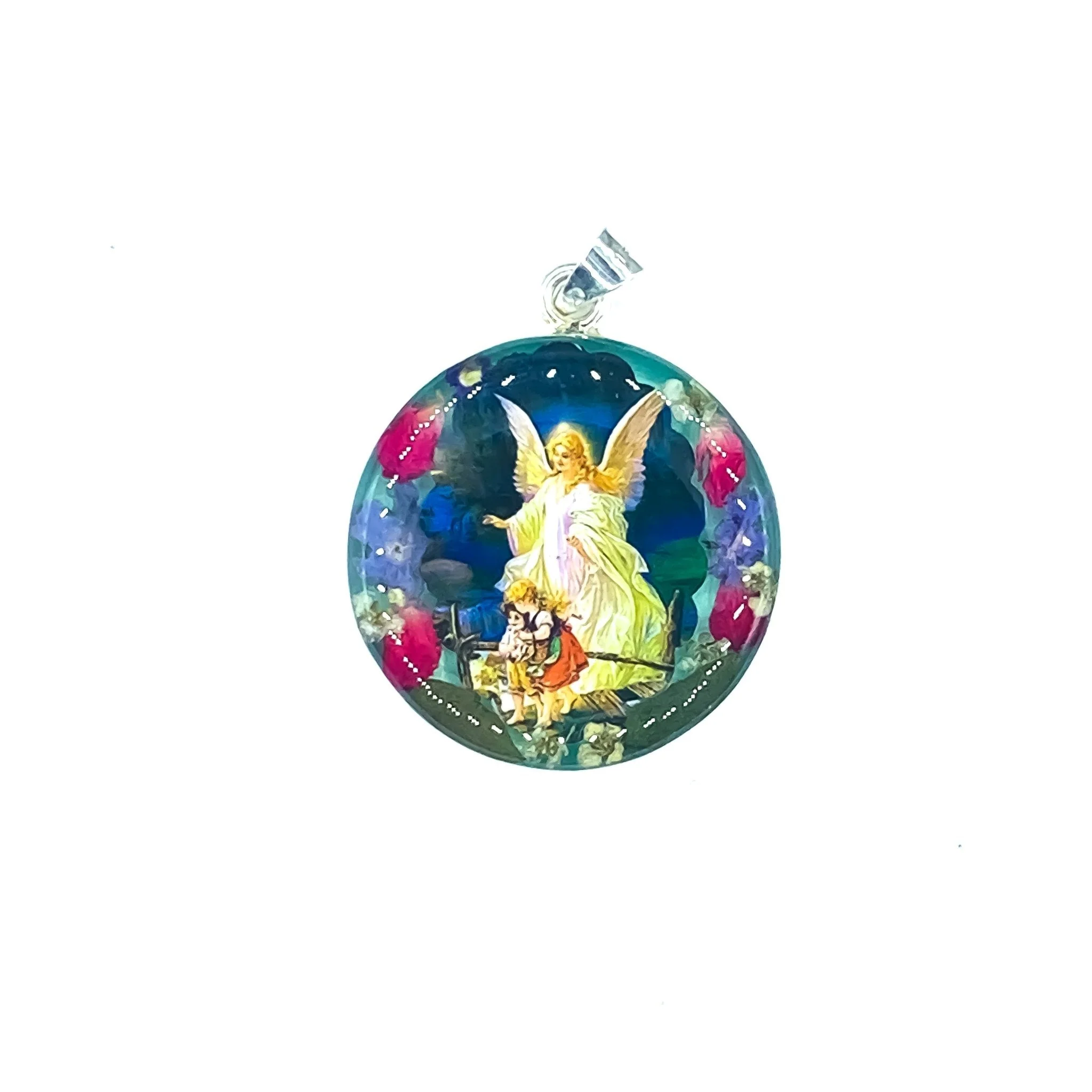 Guardian Angel Extra Large Round Medal w/ Pressed Flowers 20-inch - Image 2