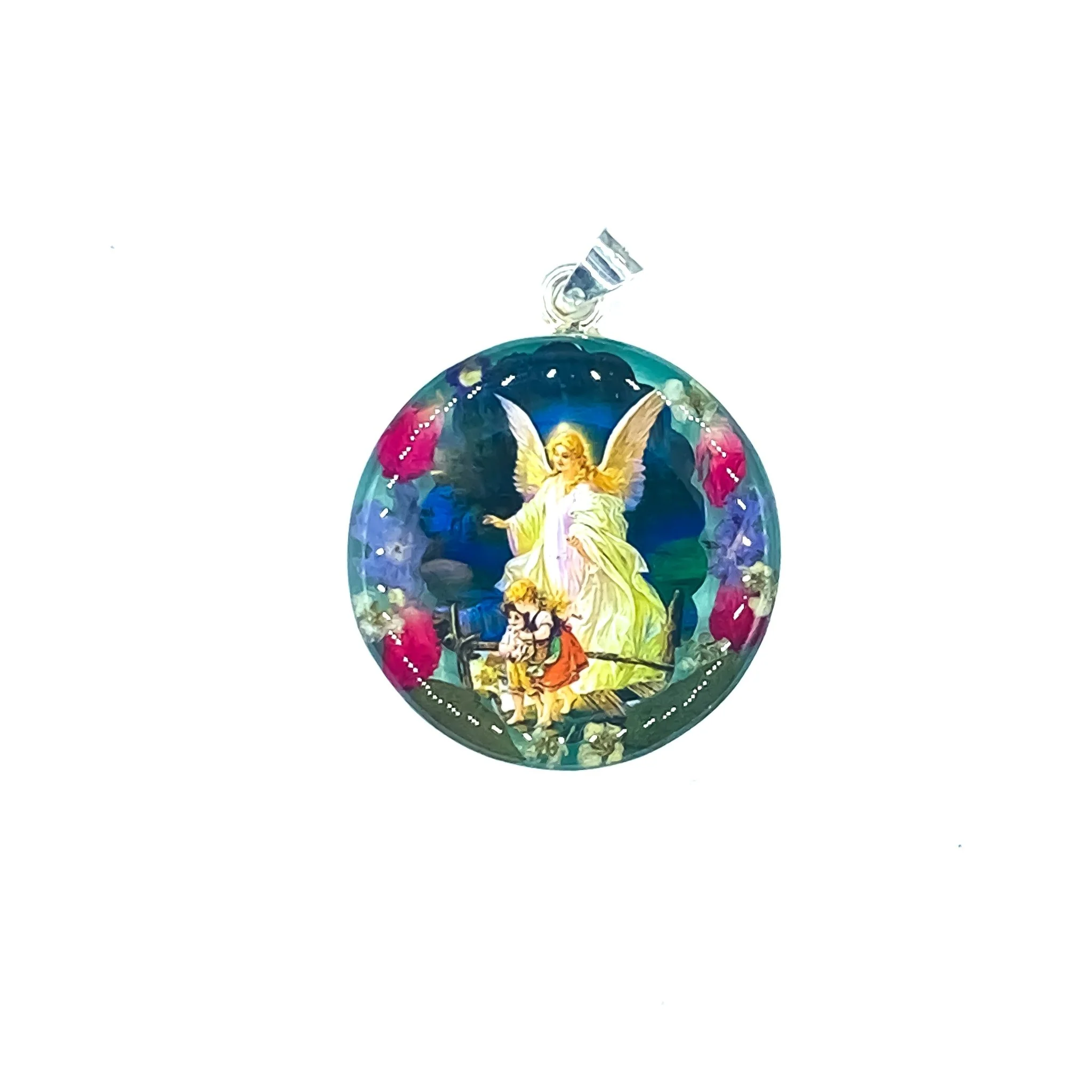 Guardian Angel Medium Round Pendant w/ Pressed Flowers 18-inch - Image 3