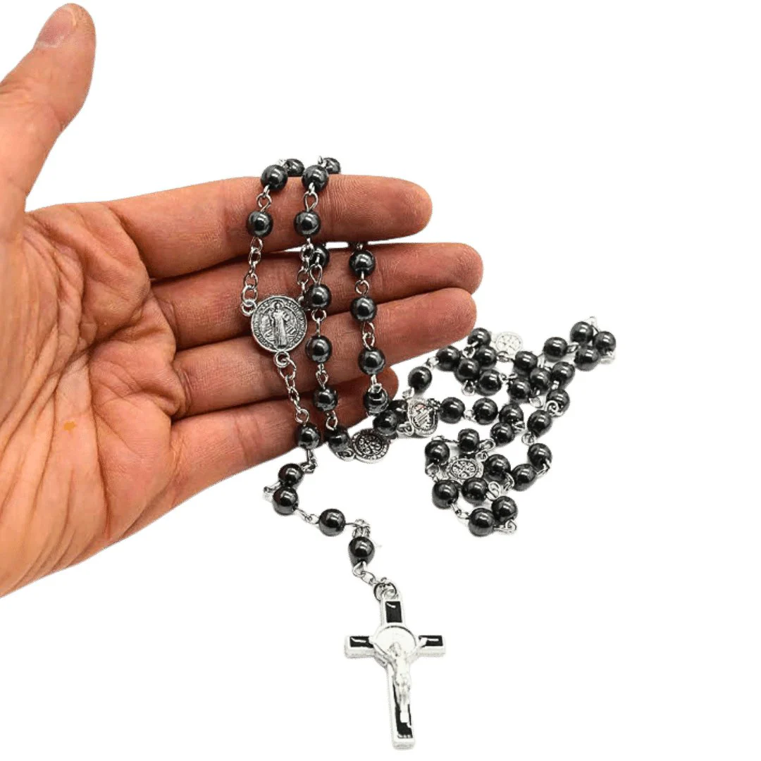 St Benedict Hematite Rosary Beads 18.5-inch - Image 3