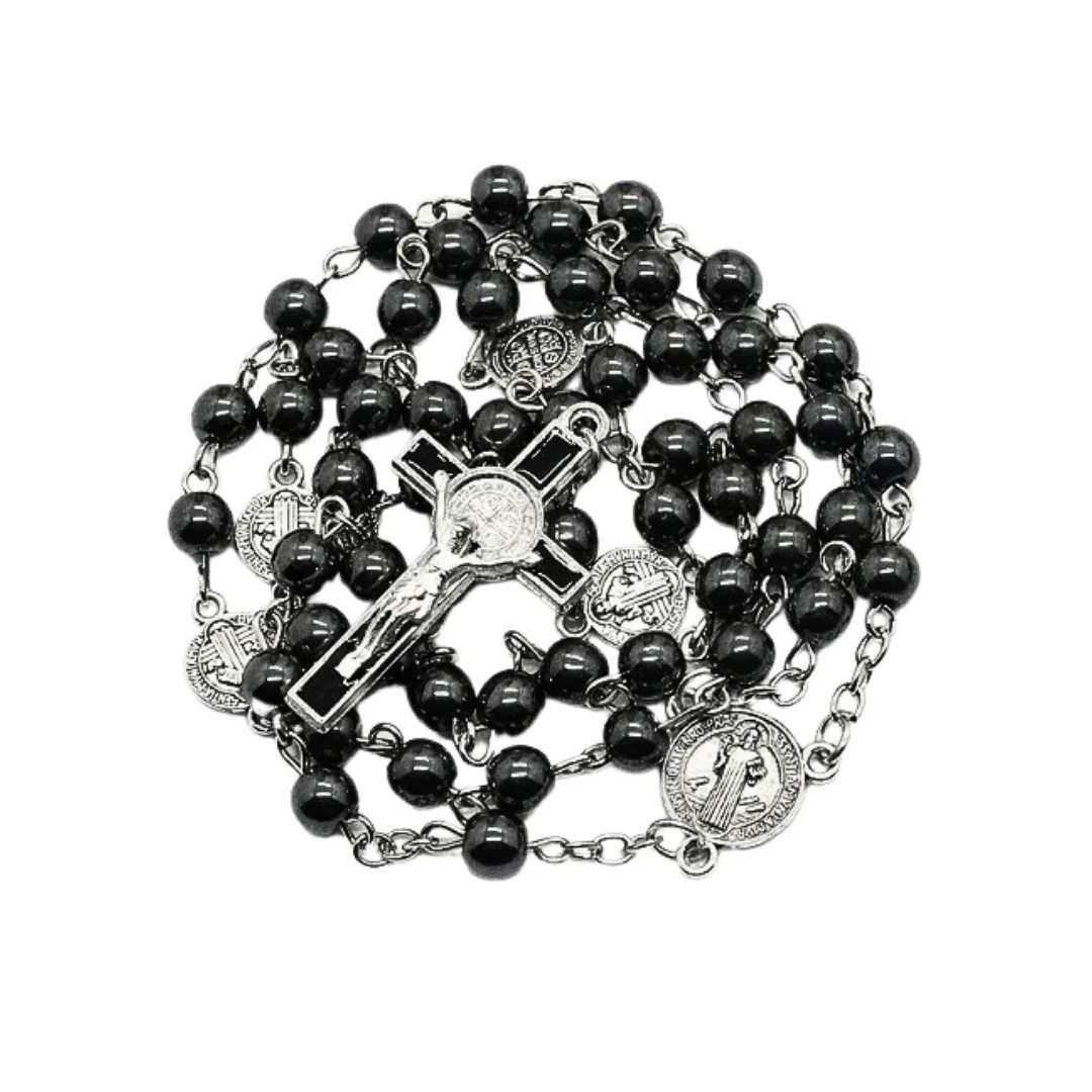 St Benedict Hematite Rosary Beads 18.5-inch - Image 4