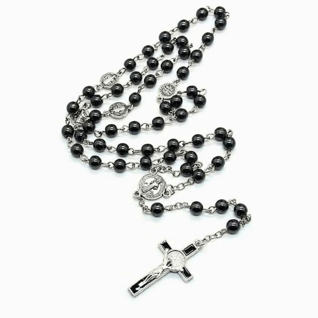 St Benedict Hematite Rosary Beads 18.5-inch - Image 5