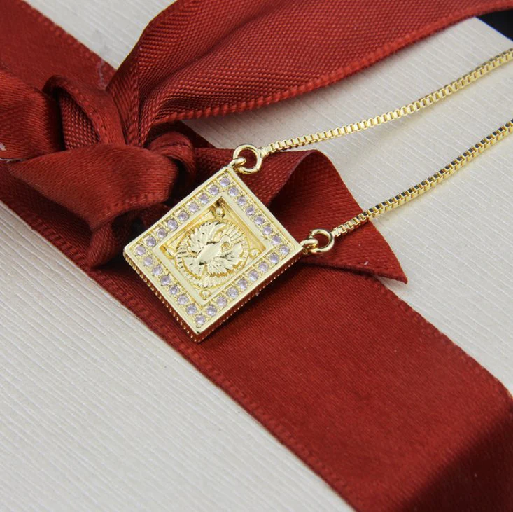 Gold-Plated Holy Spirit Square Necklace w/ Zirconias 18-inch - Image 3