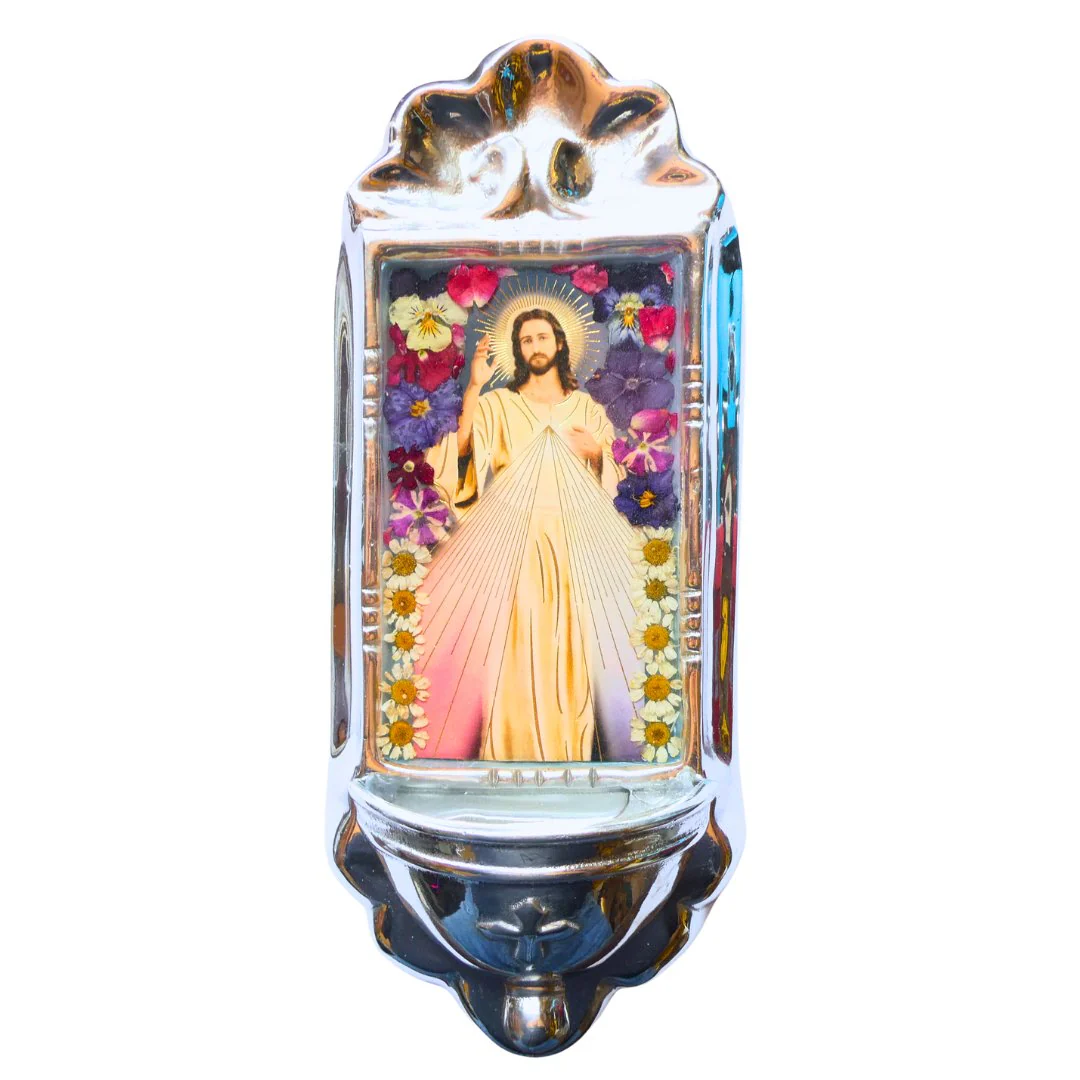 Divine Mercy Holy Water Font w/ Pressed Flowers 11"