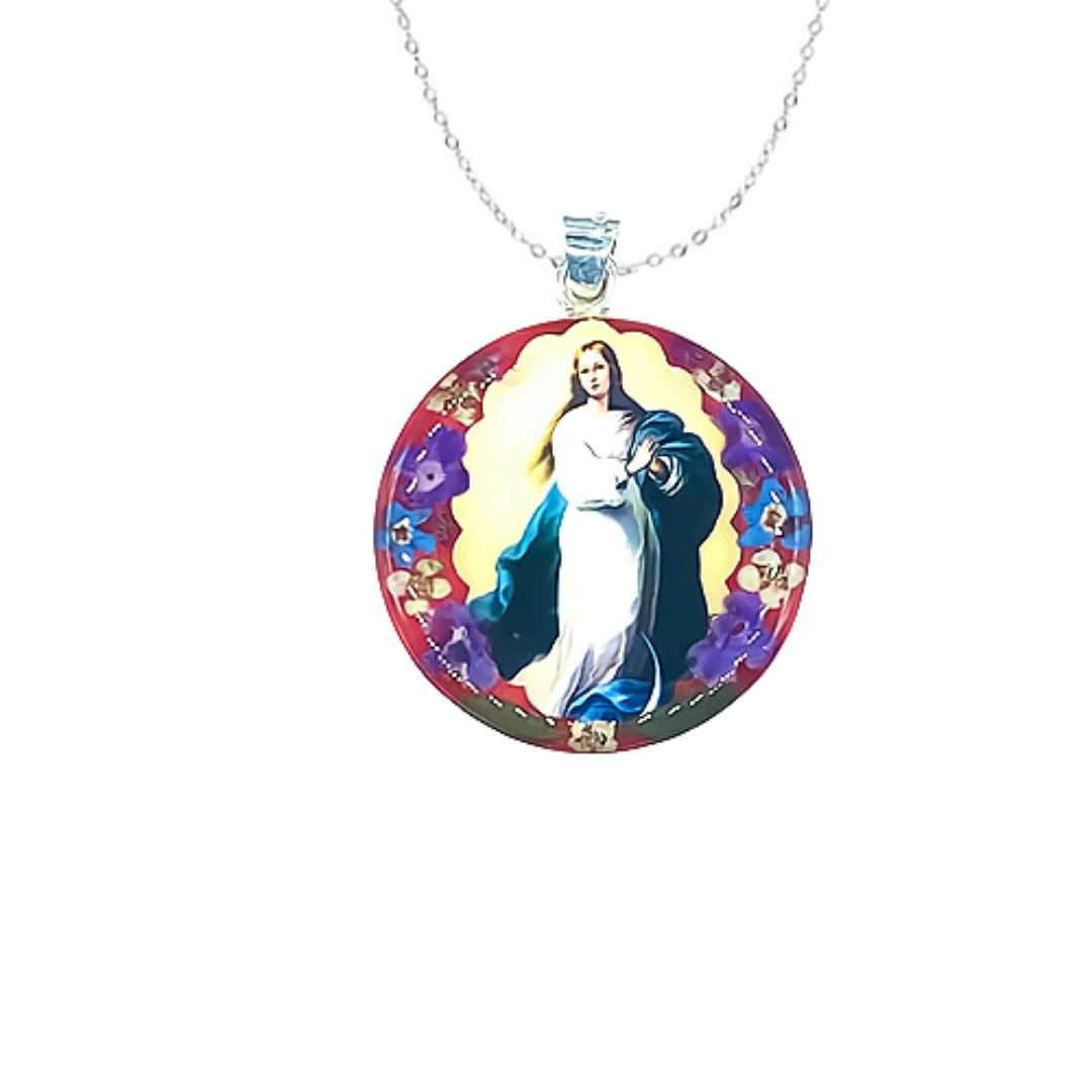 Immaculate Conception Large Round Pendant w/ Pressed Flowers 18-inch