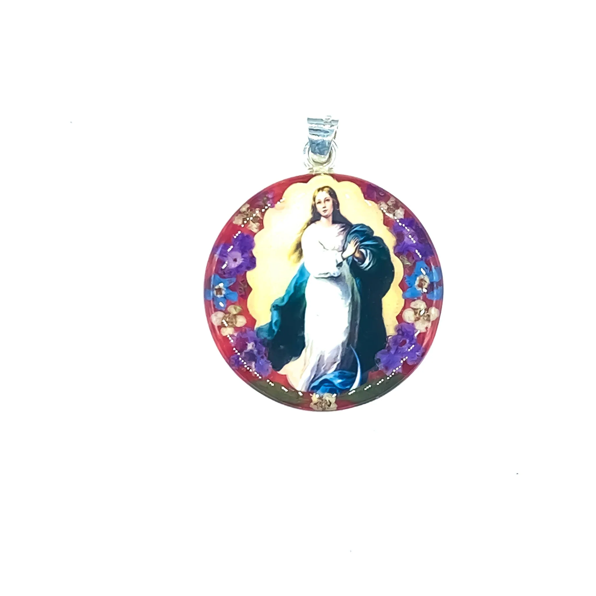 Immaculate Conception Large Round Pendant w/ Pressed Flowers 18-inch - Image 2