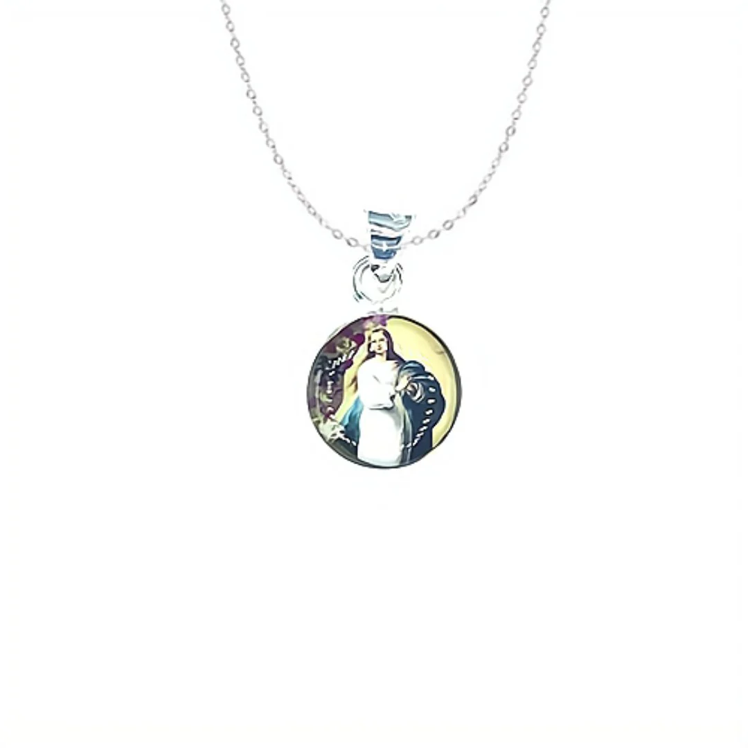 Immaculate Conception Mini Round Pendant w/ Pressed Flowers 18-inch