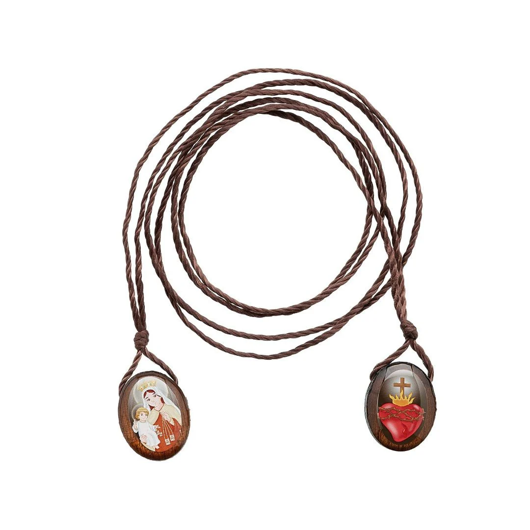 Kids Brown Scapular Necklace — Our Lady of Mount Carmel & Sacred Heart | Wood & Resin