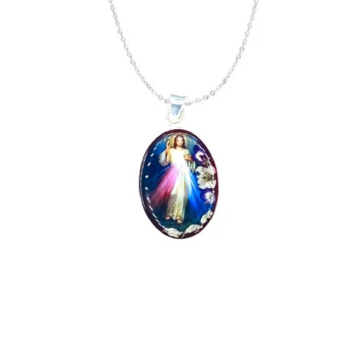 Divine Mercy Small Oval Pendant w/ Pressed Flowers 18-inch