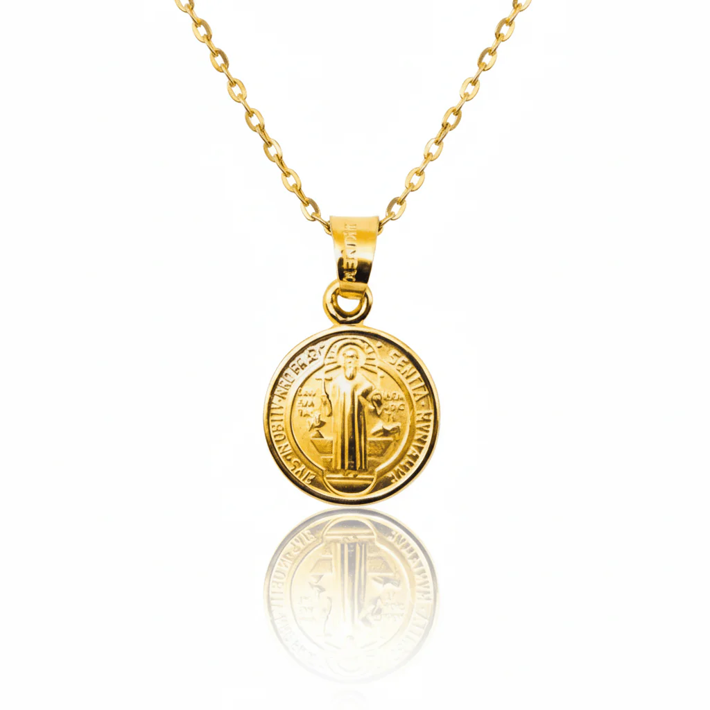Gold Saint Benedict Medal Mini Round Pendant 18-inch