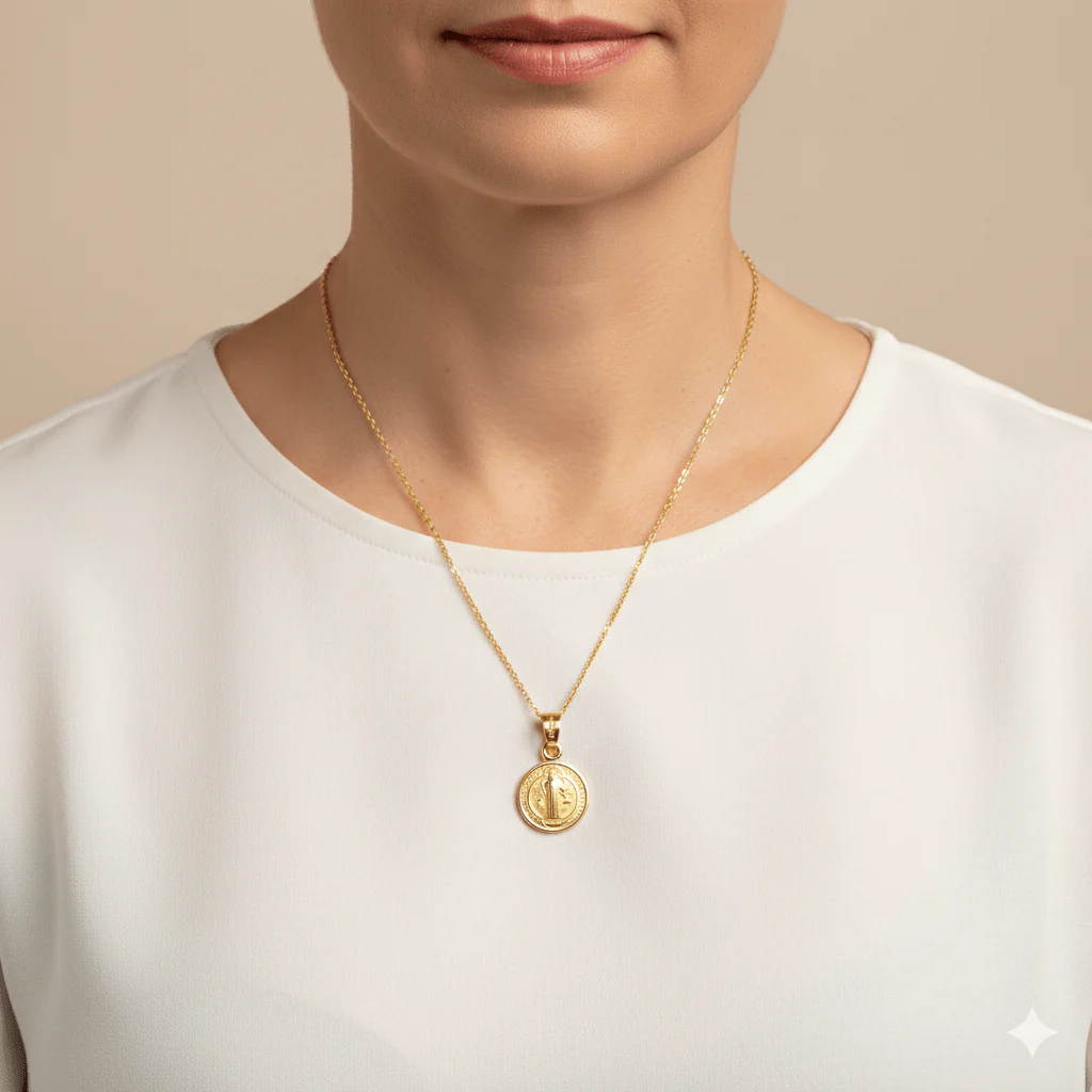 Gold Saint Benedict Medal Mini Round Pendant 18-inch - Image 2