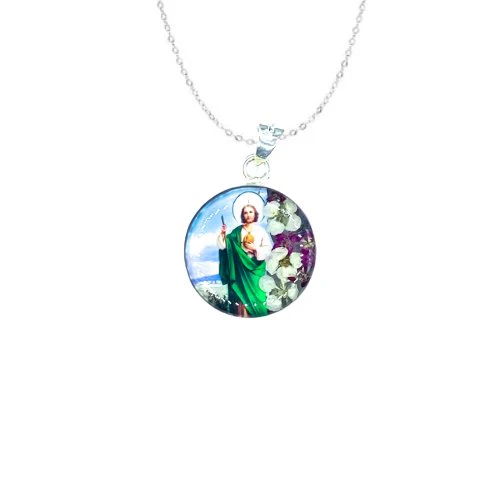 Saint Jude Small Pendant w/ Pressed Flowers 18-inch