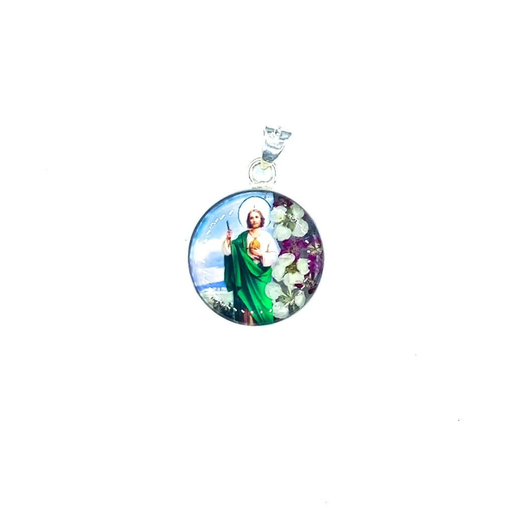 Saint Jude Small Pendant w/ Pressed Flowers 18-inch - Image 2
