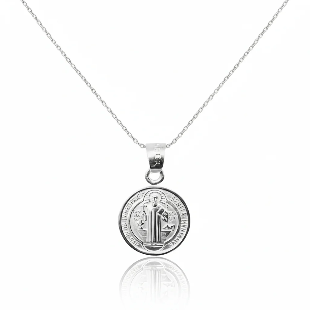 Silver Saint Benedict Medal Mini Round Pendant 18-inch