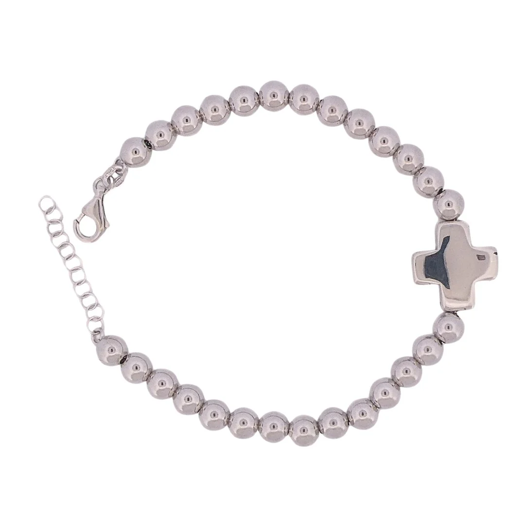Silver Bead Chain Bracelet with Cross - Men's - 7.5"+1"