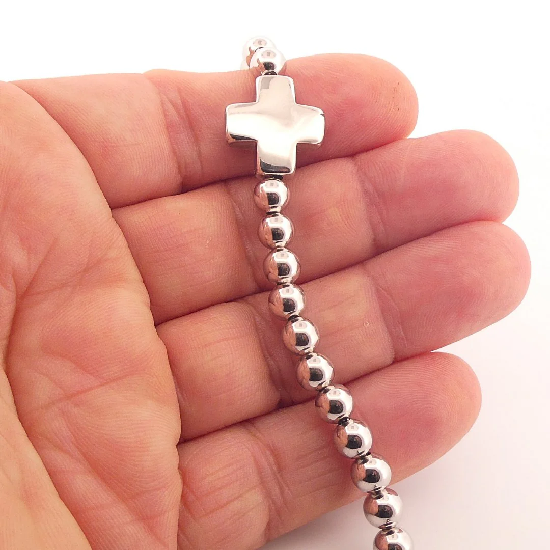 Silver Bead Chain Bracelet with Cross - Men's - 7.5"+1" - Image 2