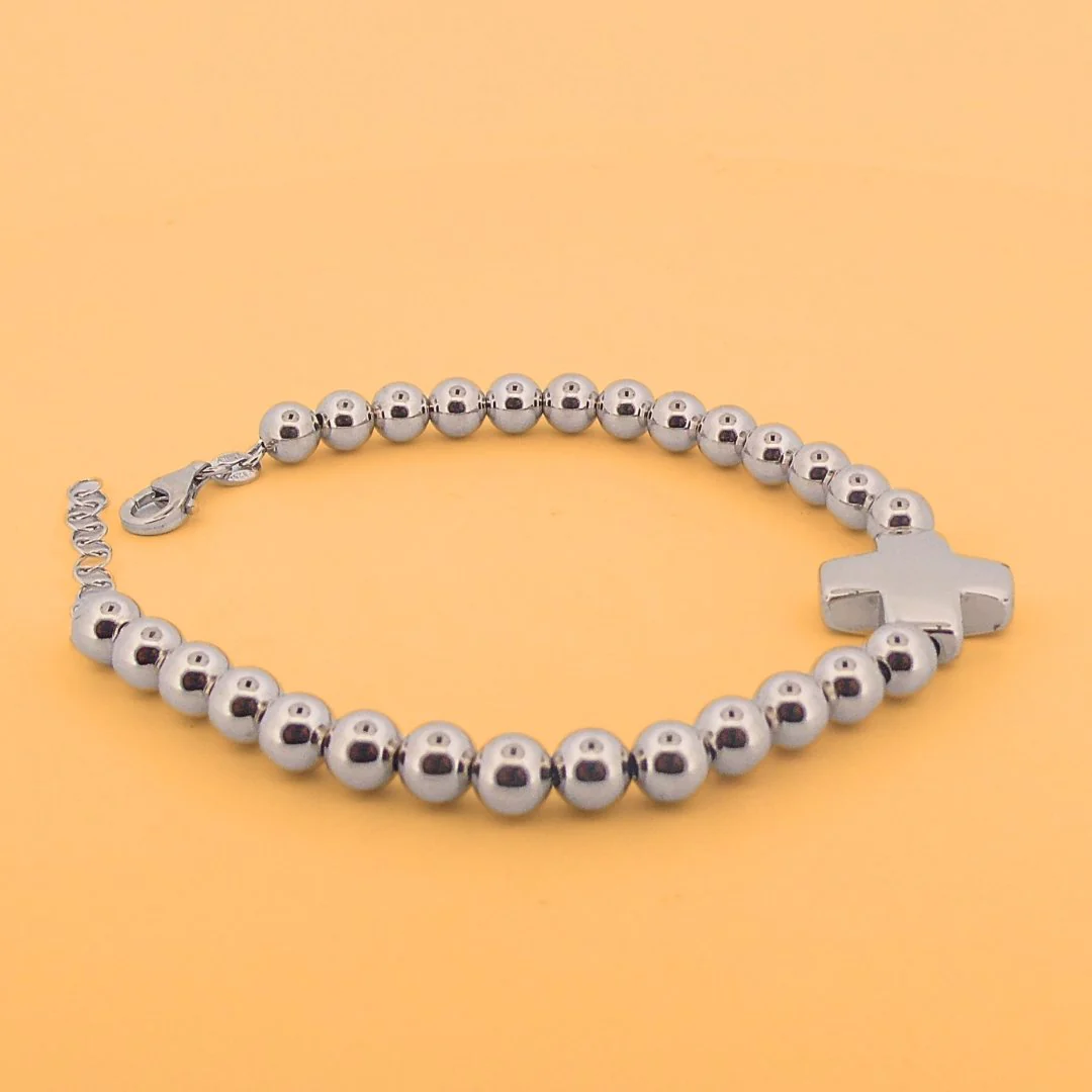Silver Bead Chain Bracelet with Cross - Men's - 7.5"+1" - Image 3