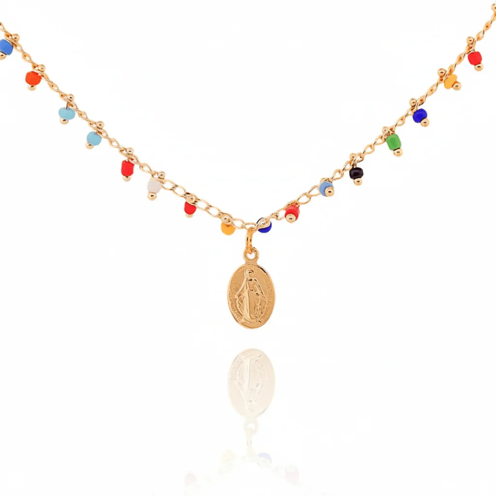 Gold-Plated Miraculous Medal Multicolor Beaded Necklace 18-inch