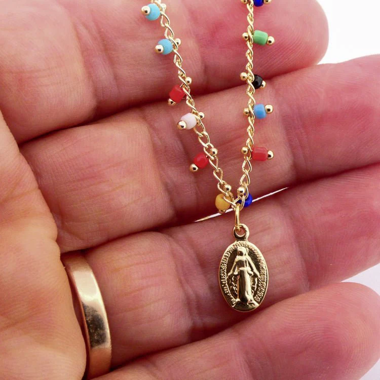 Gold-Plated Miraculous Medal Multicolor Beaded Necklace 18-inch - Image 3