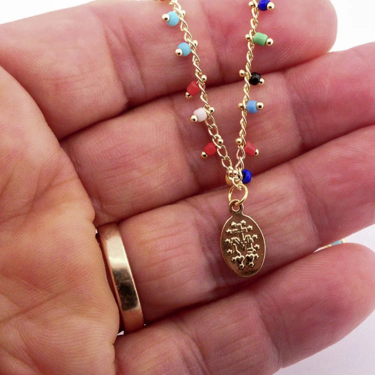 Gold-Plated Miraculous Medal Multicolor Beaded Necklace 18-inch - Image 4