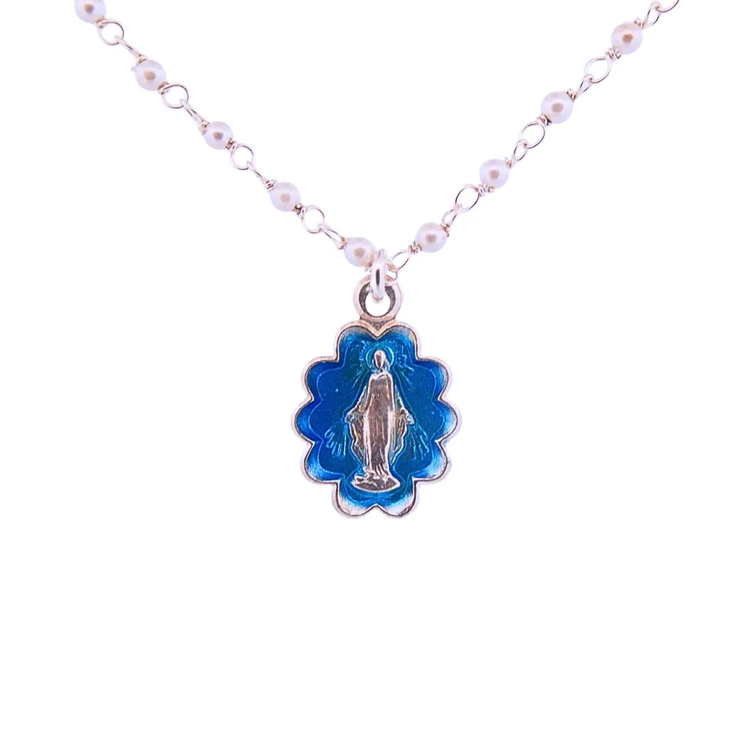 Silver Miraculous Medal with Blue Enamel & Pearls - Beaded Chain 20"