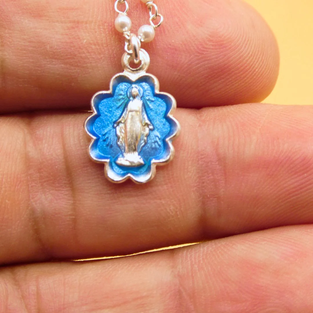 Silver Miraculous Medal with Blue Enamel & Pearls - Beaded Chain 20" - Image 2