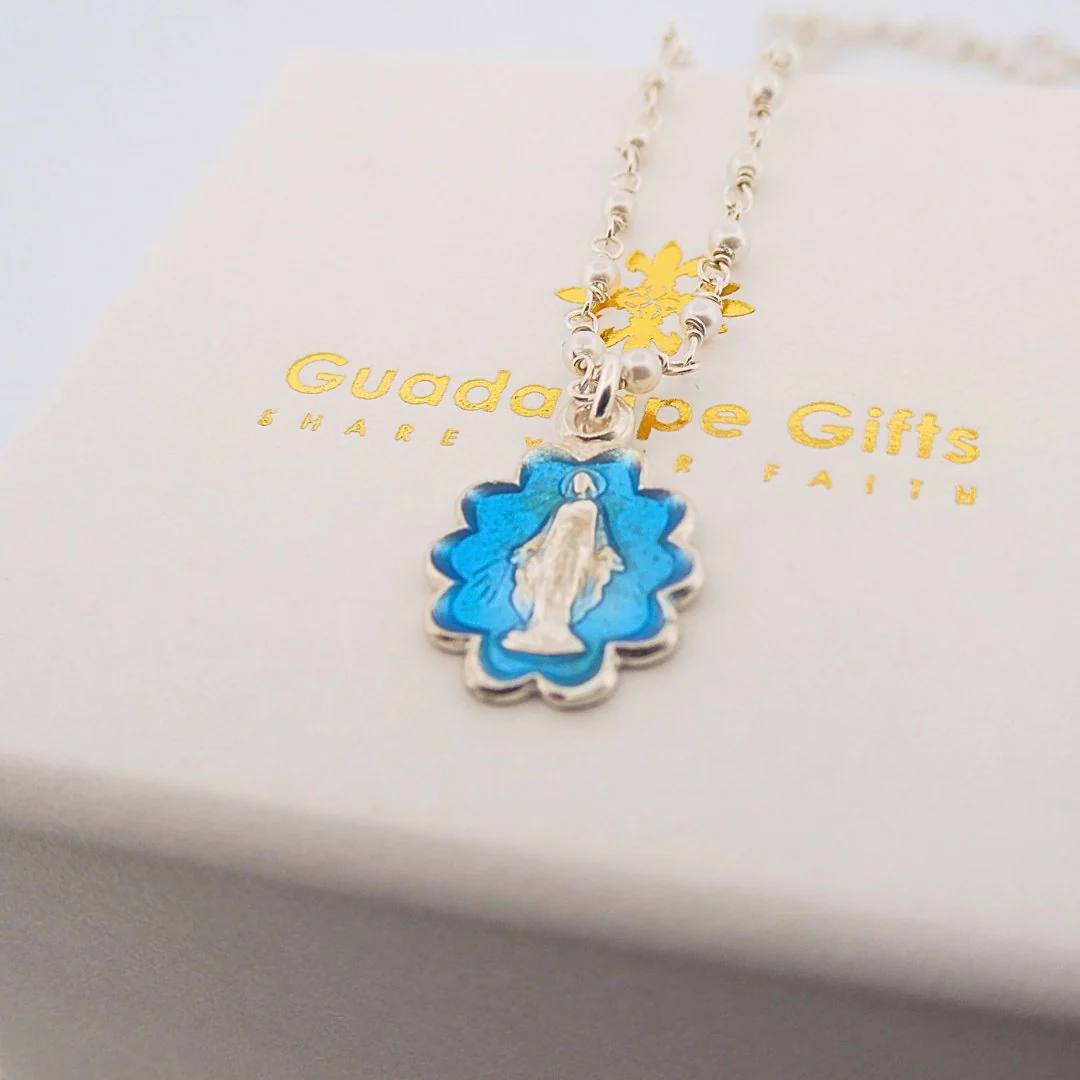 Silver Miraculous Medal with Blue Enamel & Pearls - Beaded Chain 20" - Image 4