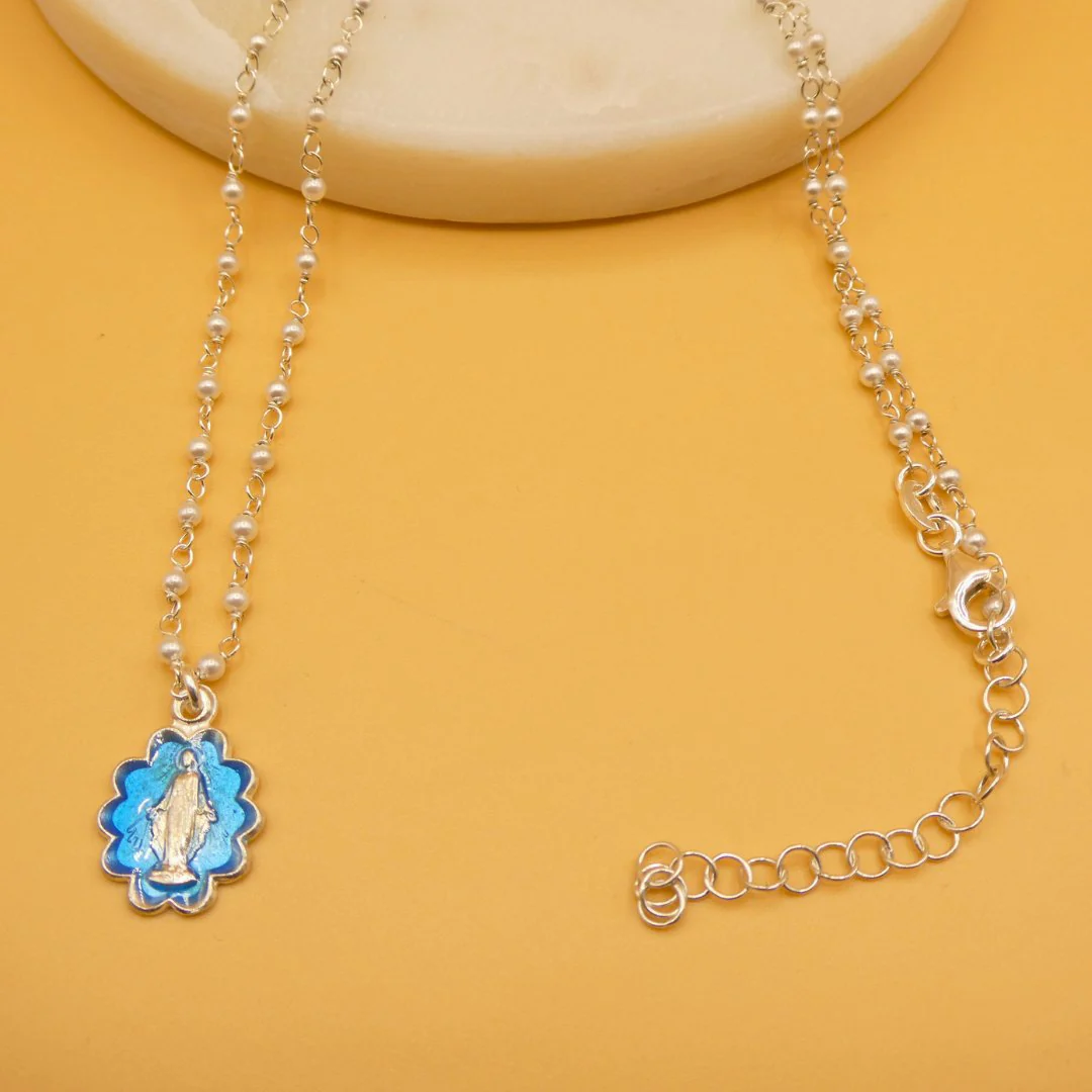 Silver Miraculous Medal with Blue Enamel & Pearls - Beaded Chain 20" - Image 5