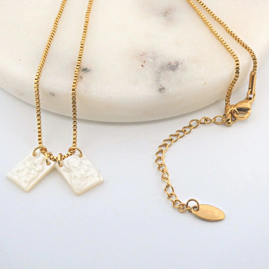 Mother of Pearl Scapular Necklace – Our Lady of Mount Carmel, 16” + 2” Adjustable - Image 4