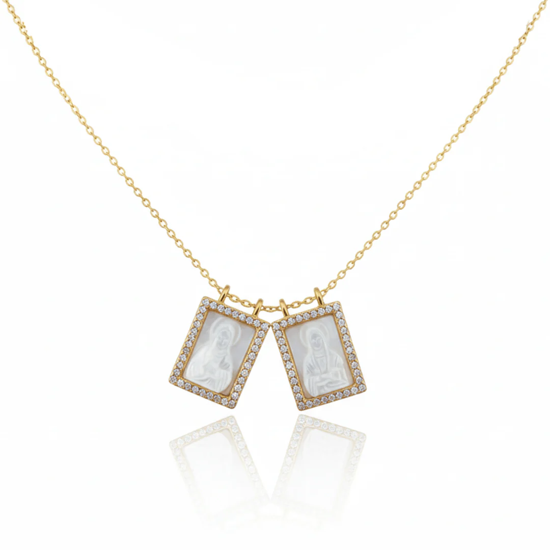 Mother of Pearl Scapular Necklace — Our Lady of Mount Carmel with White Zirconia (18")