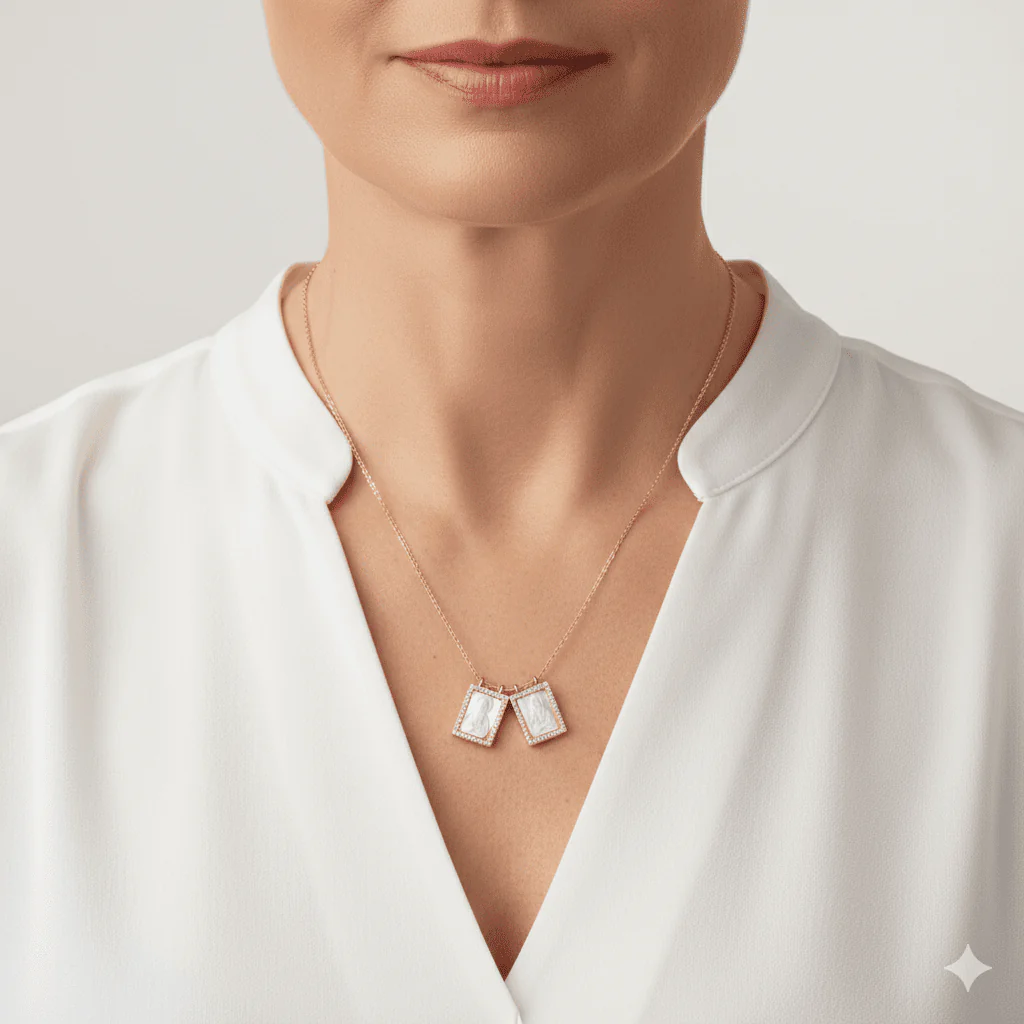 Mother of Pearl Scapular Necklace — Our Lady of Mount Carmel with White Zirconia (18") - Image 2