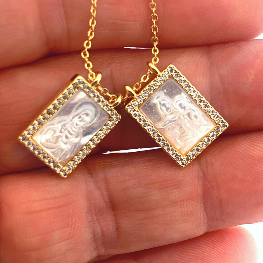 Mother of Pearl Scapular Necklace — Our Lady of Mount Carmel with White Zirconia (18") - Image 3