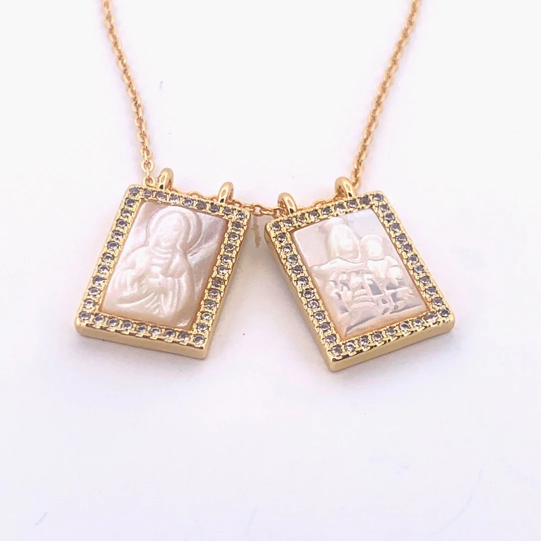 Mother of Pearl Scapular Necklace — Our Lady of Mount Carmel with White Zirconia (18") - Image 4