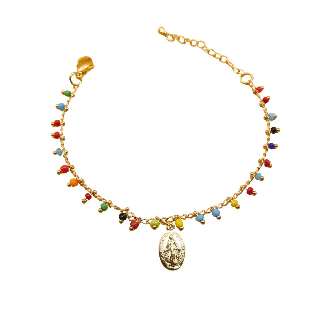 Gold-Plated Miraculous Medal Multicolored Bead Bracelet — Adjustable