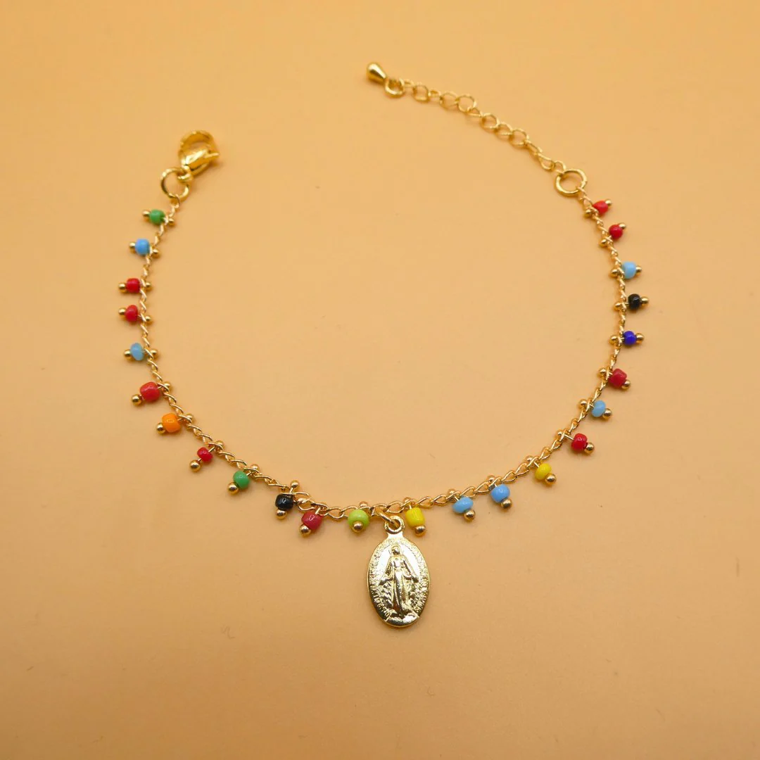 Gold-Plated Miraculous Medal Multicolored Bead Bracelet — Adjustable - Image 2